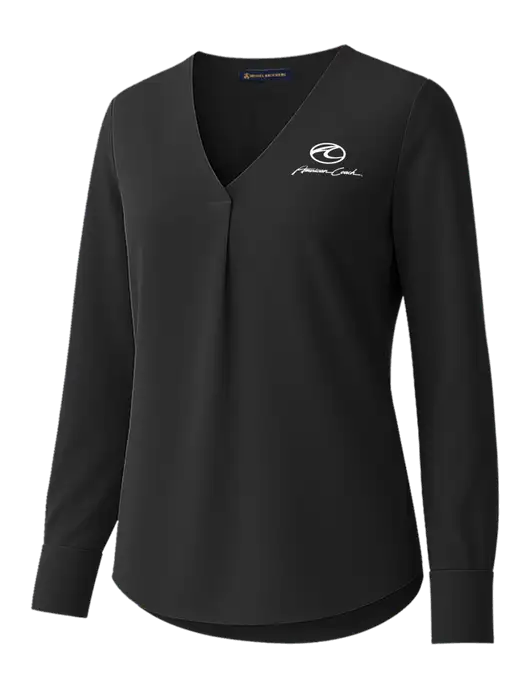 Brooks Brothers Womens Black Open-Neck Satin Blouse  w/American Coach Logo