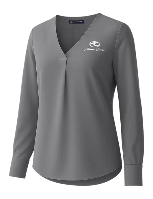 Brooks Brothers Womens Medium Grey Open-Neck Satin Blouse  w/American Coach Logo